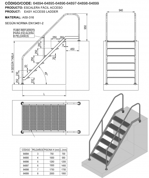 Schwimmbadtreppe Deluxe 4 - 8 Stufen V4A Edelstahl lange und breite Bauweise