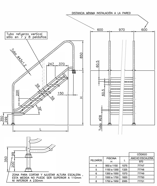 Schwimmbadtreppe Deluxe 4 - 8 Stufen V4A Edelstahl lange und breite Bauweise